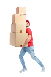 Full length portrait of man in uniform carrying boxes on white background. Posture concept