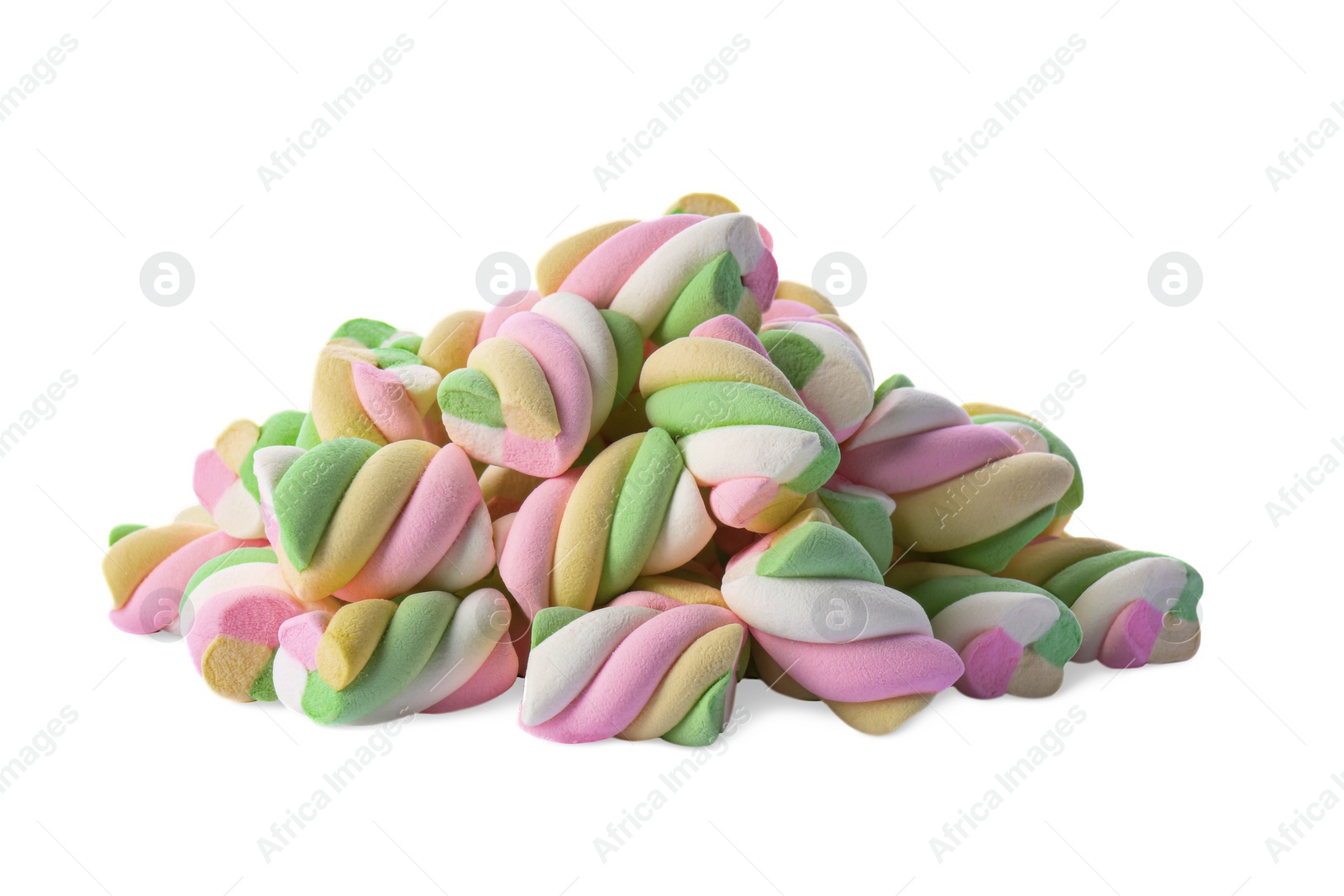 Photo of Pile of delicious colorful marshmallows on white background