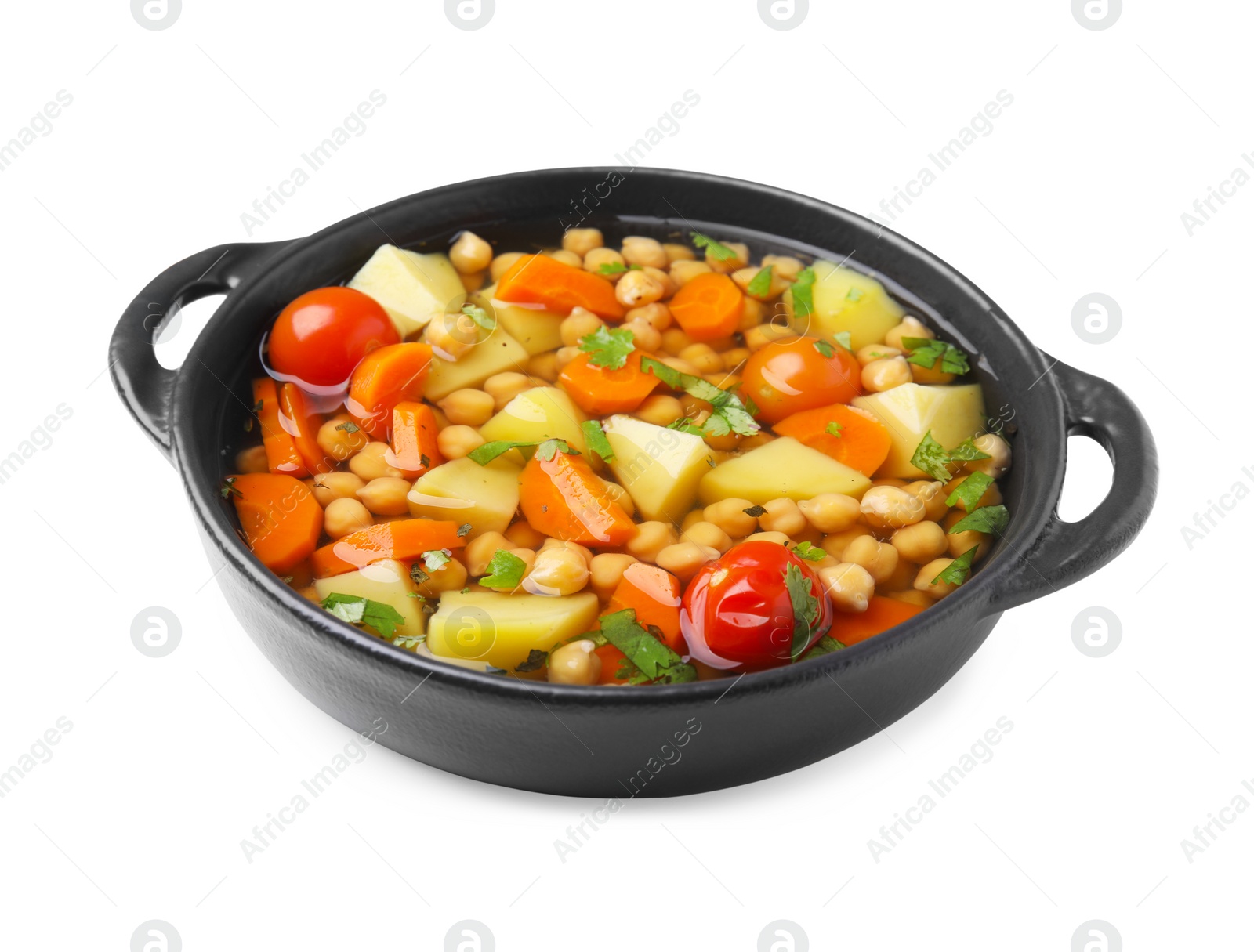 Photo of Tasty chickpea soup in bowl on white background