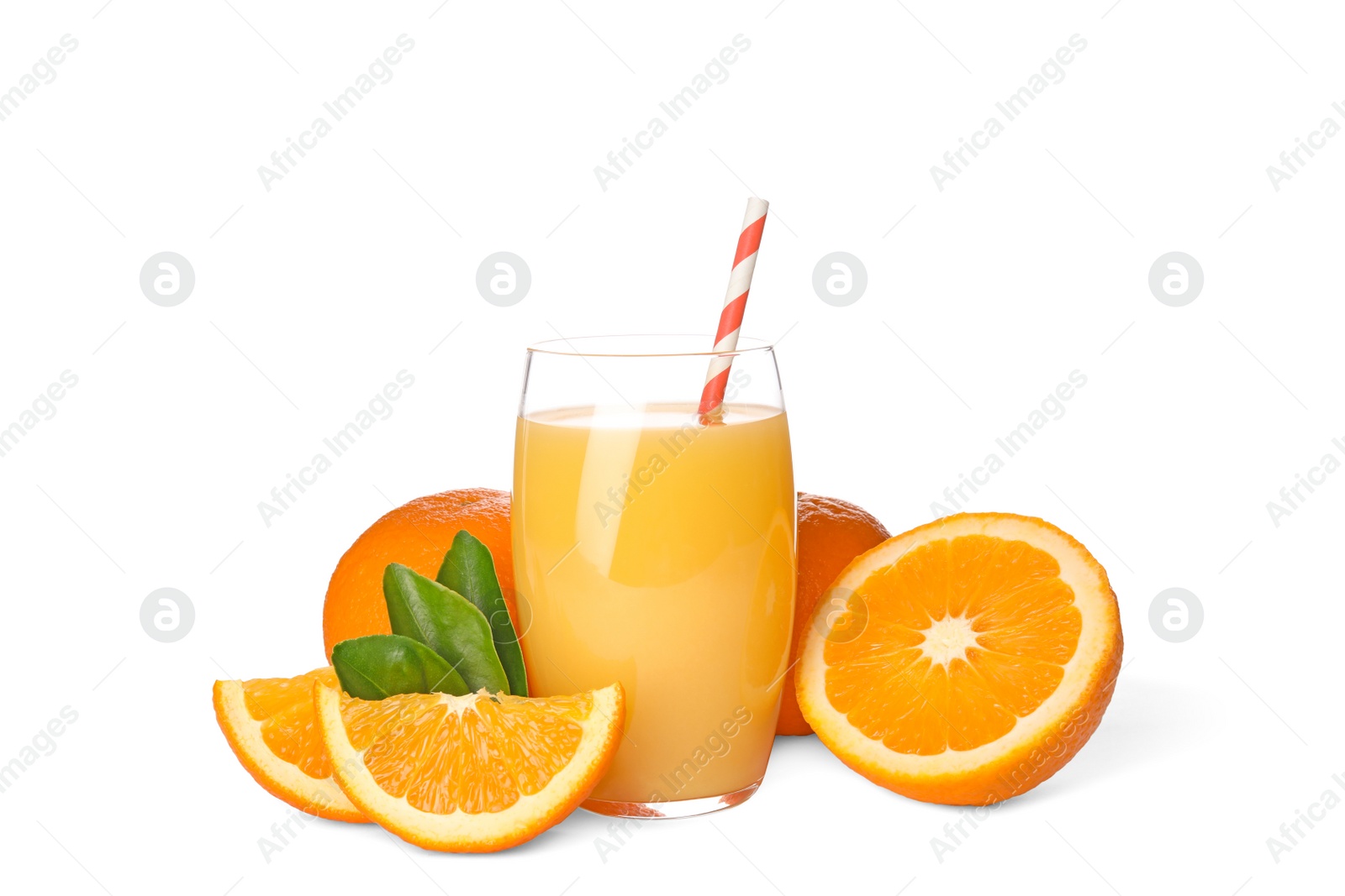 Photo of Glass of orange juice and fresh fruit on white background