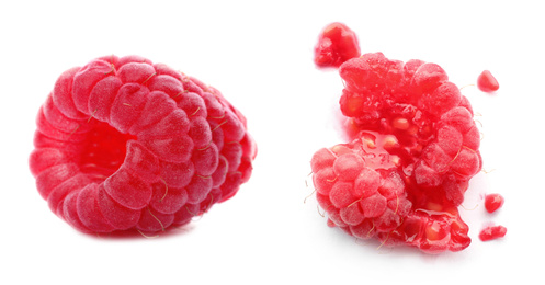 Image of Whole and crushed ripe raspberries on white background