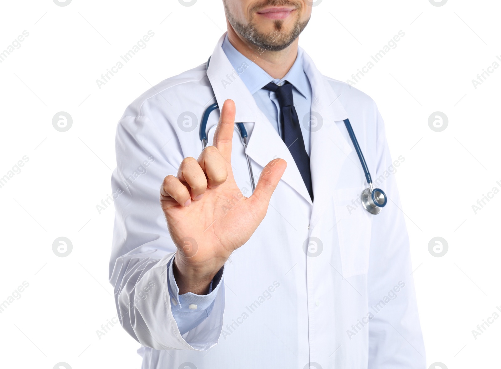 Photo of Male doctor pointing on white background, closeup