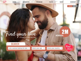 Design of interface for online dating site. Home page with photo of happy couple and tabs