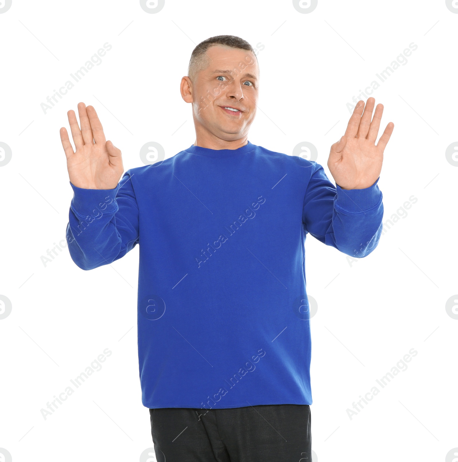 Photo of Portrait of emotional mature man on white background