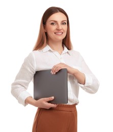 Photo of Beautiful happy businesswoman with laptop on white background