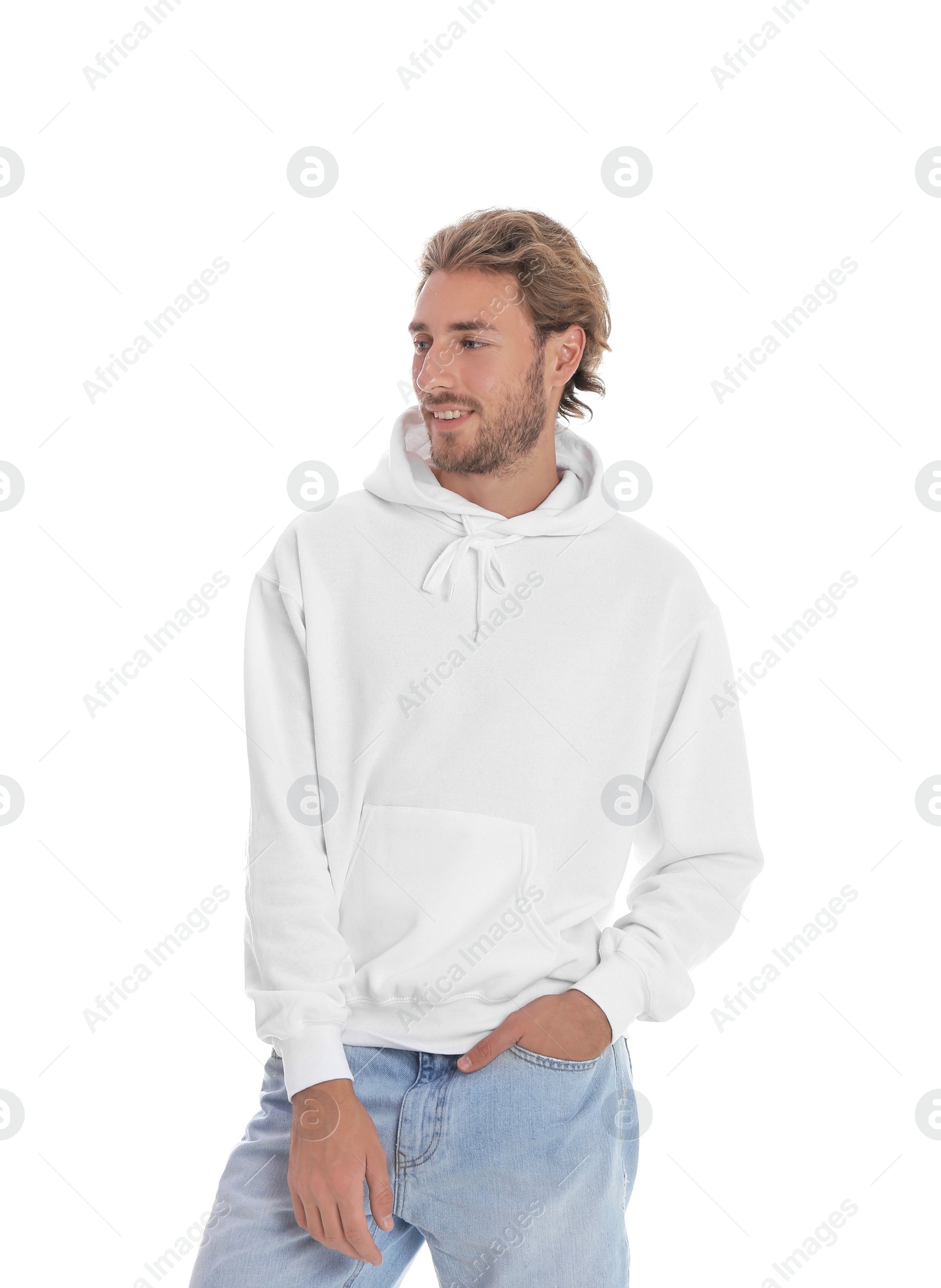 Photo of Portrait of man in hoodie sweater on white background. Space for design