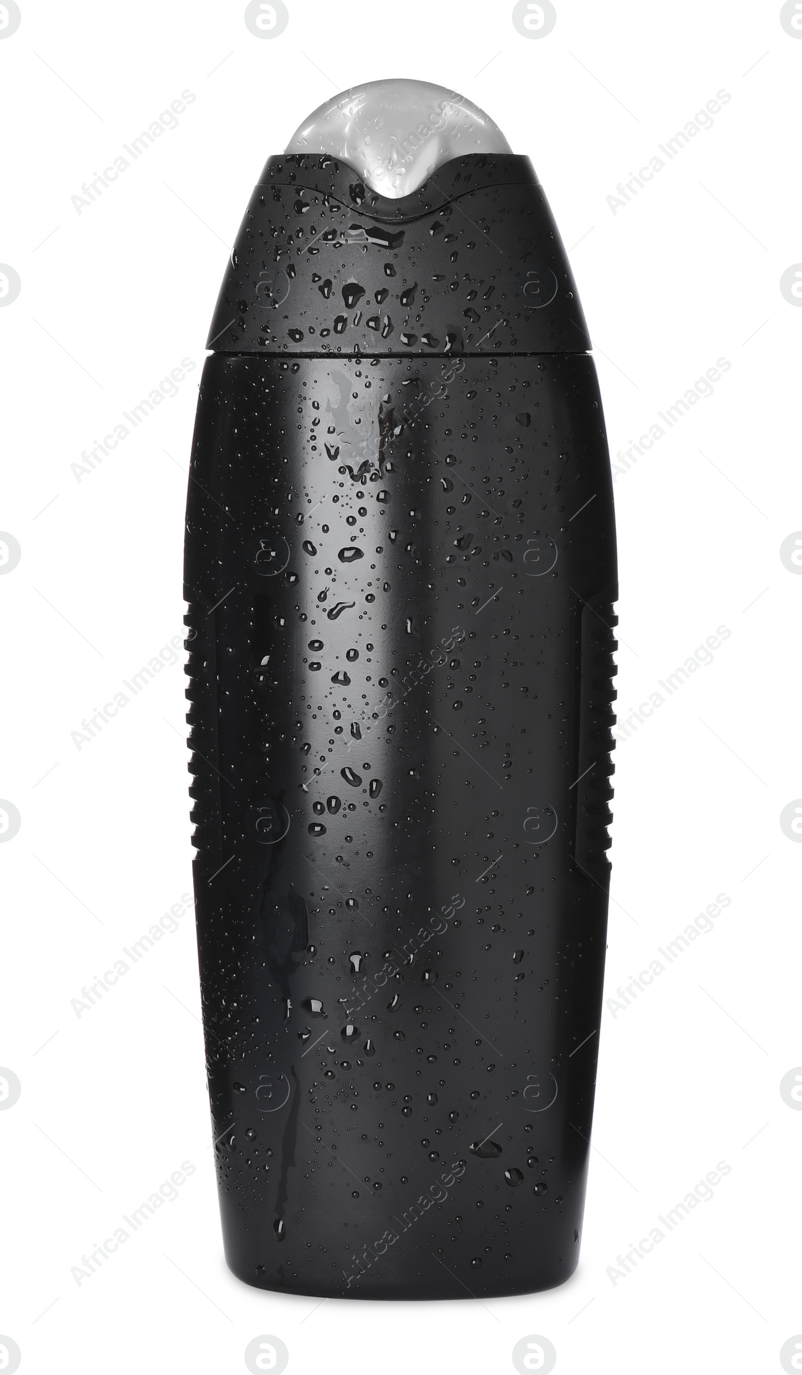 Photo of Black bottle covered with water drops isolated on white. Men's cosmetics
