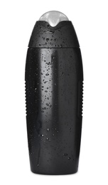 Photo of Black bottle covered with water drops isolated on white. Men's cosmetics