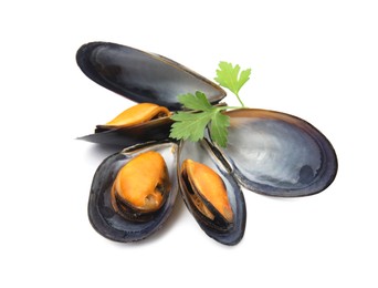 Photo of Delicious cooked mussels with parsley on white background