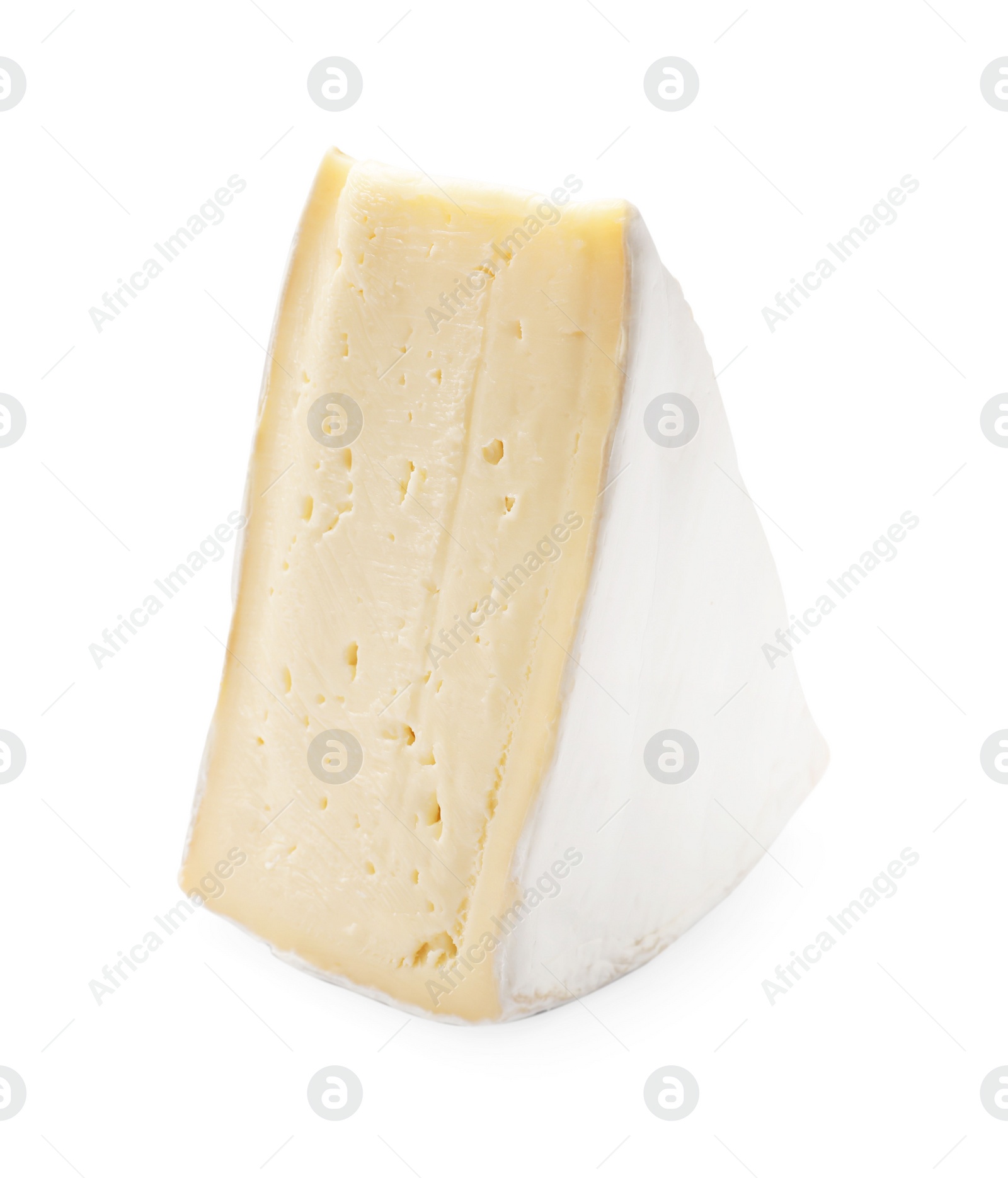 Photo of One piece of tasty camembert cheese isolated on white
