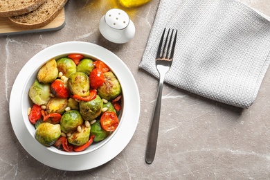 Photo of Salad with Brussels sprouts served on table, flat lay. Space for text