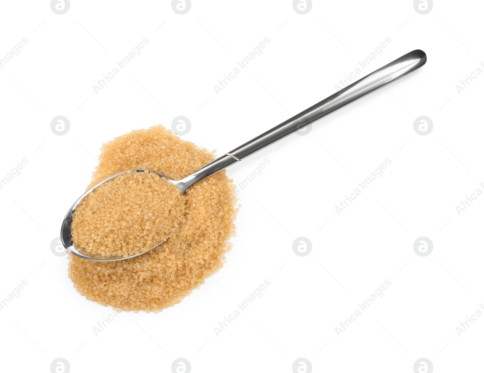 Photo of Pile of brown sugar and spoon isolated on white, top view