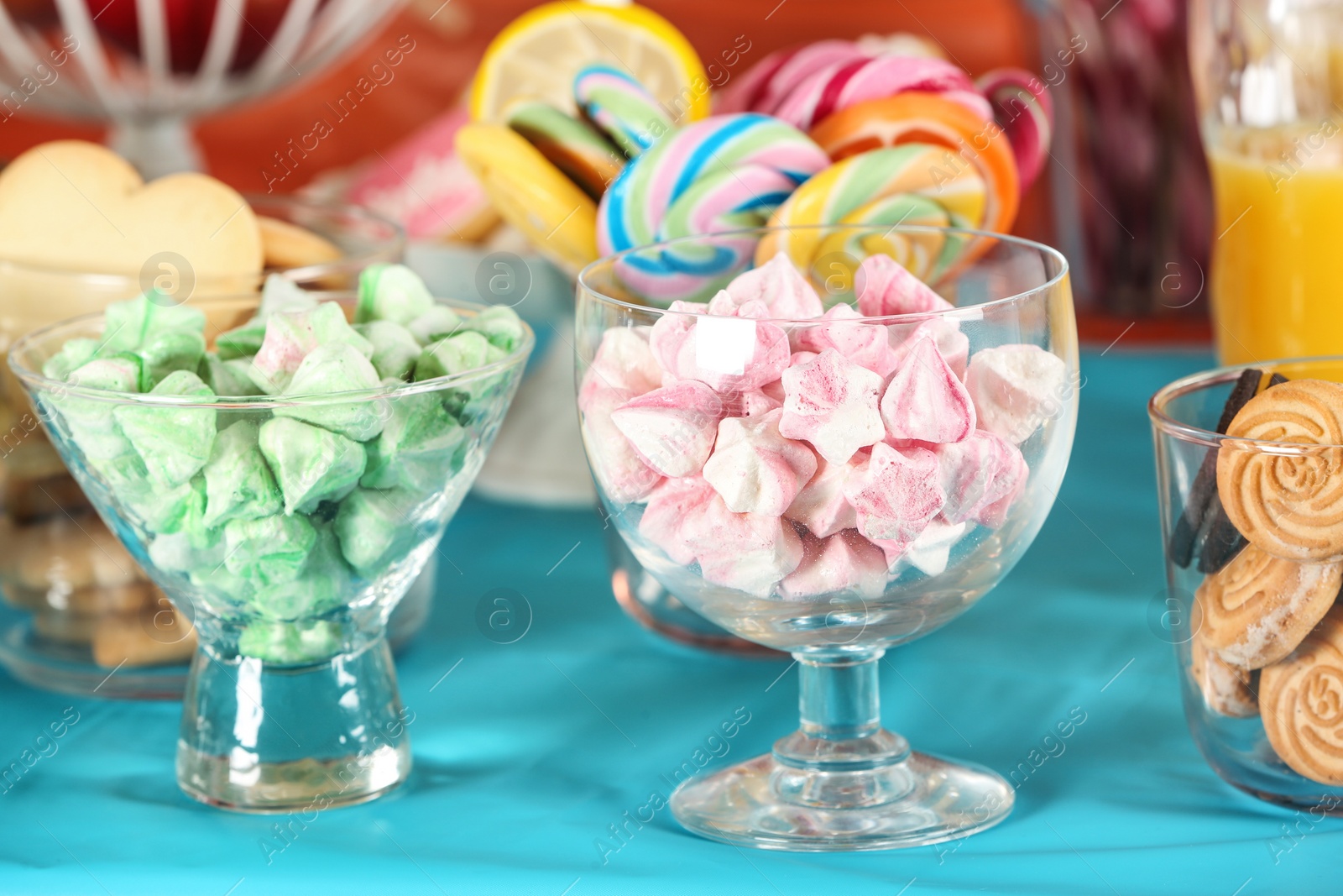 Photo of Candy bar with delicious treats for birthday party, closeup