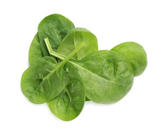 Pile of fresh spinach leaves isolated on white, top view