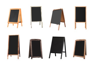 Image of Set with blank advertising A-boards on white background. Mockup for design