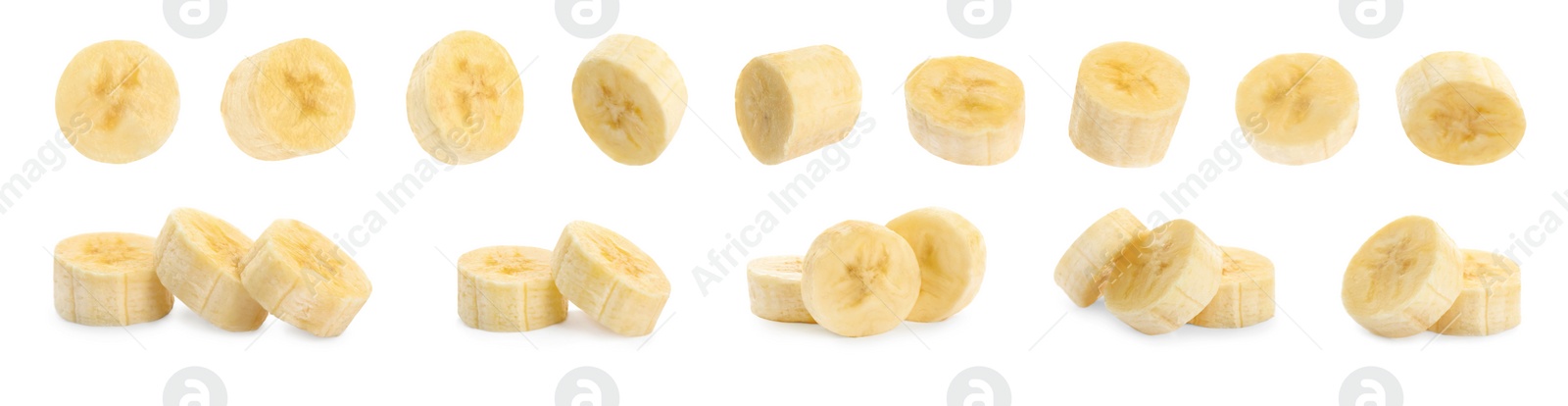 Image of Pieces of tasty ripe banana on white background, collage. Banner design