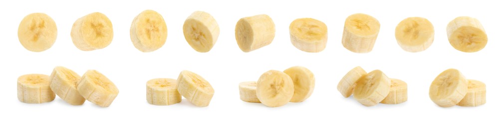 Image of Pieces of tasty ripe banana on white background, collage. Banner design