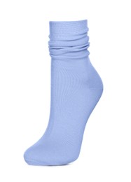 Photo of Light blue sock isolated on white. Footwear accessory