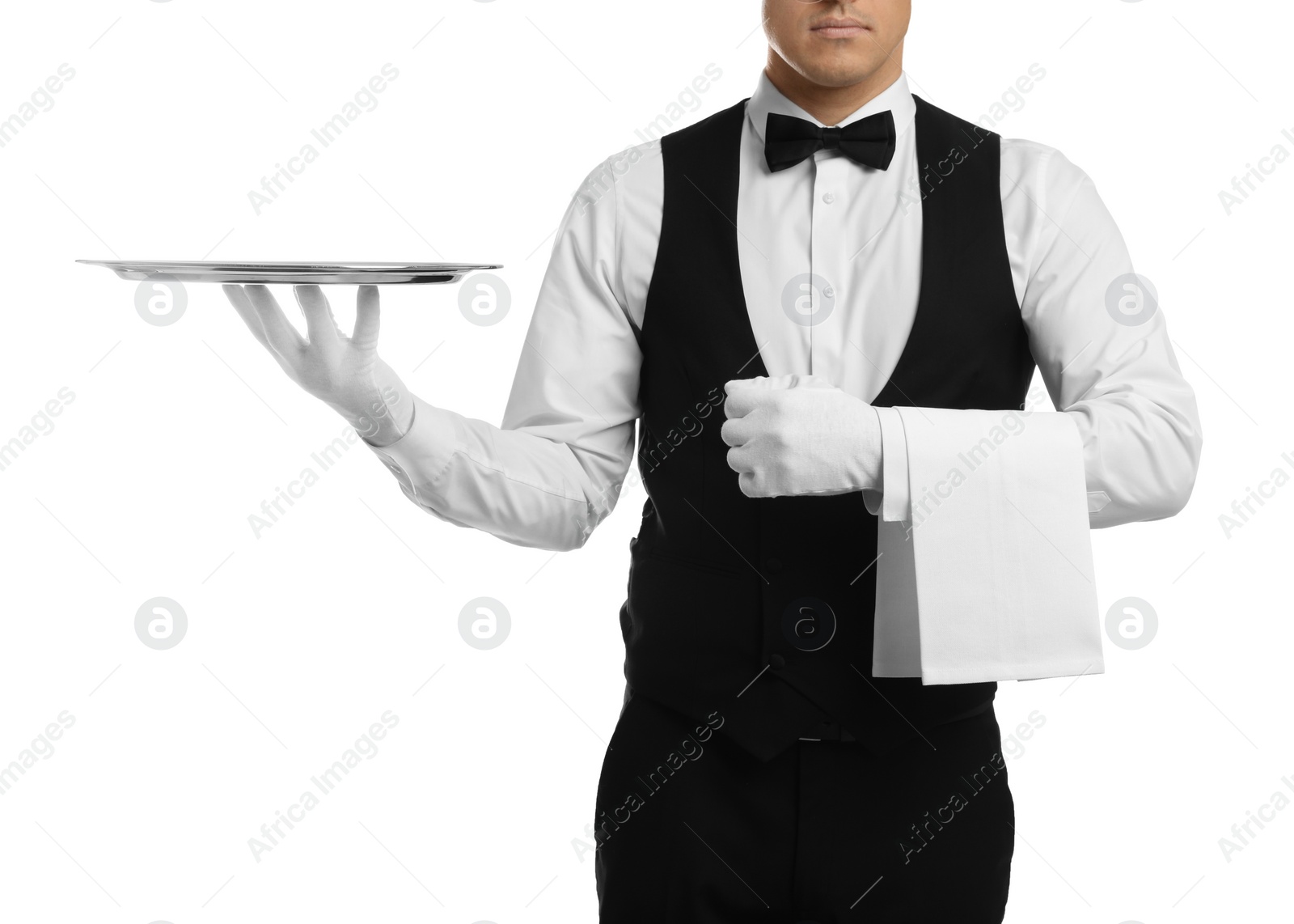 Photo of Elegant butler holding silver tray isolated on white, closeup