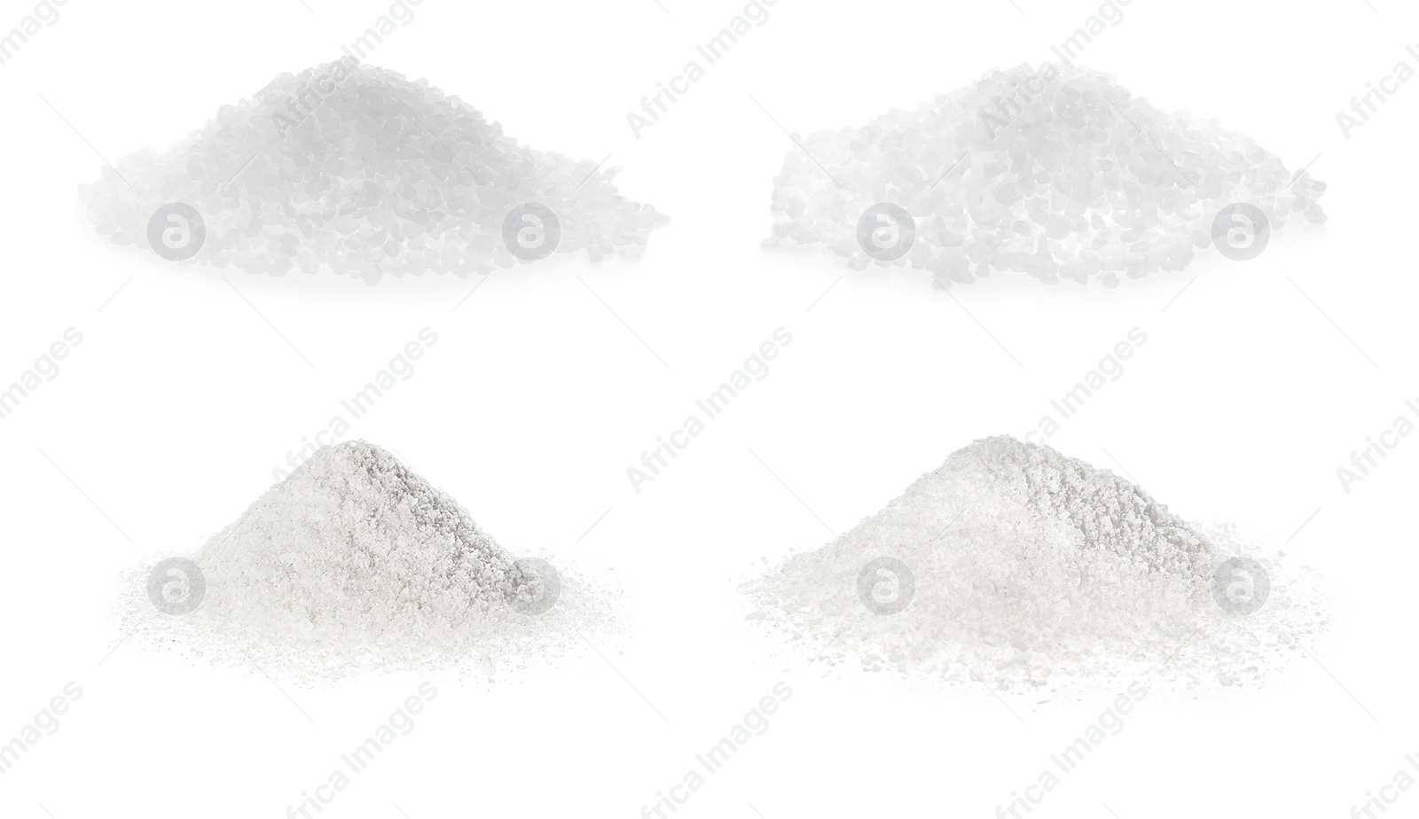 Image of Collage with piles of salt on white background