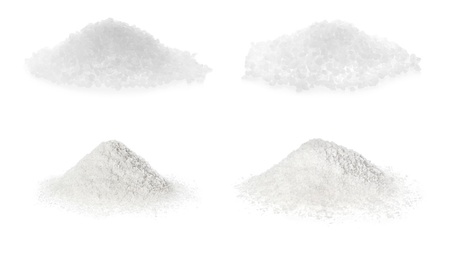 Collage with piles of salt on white background