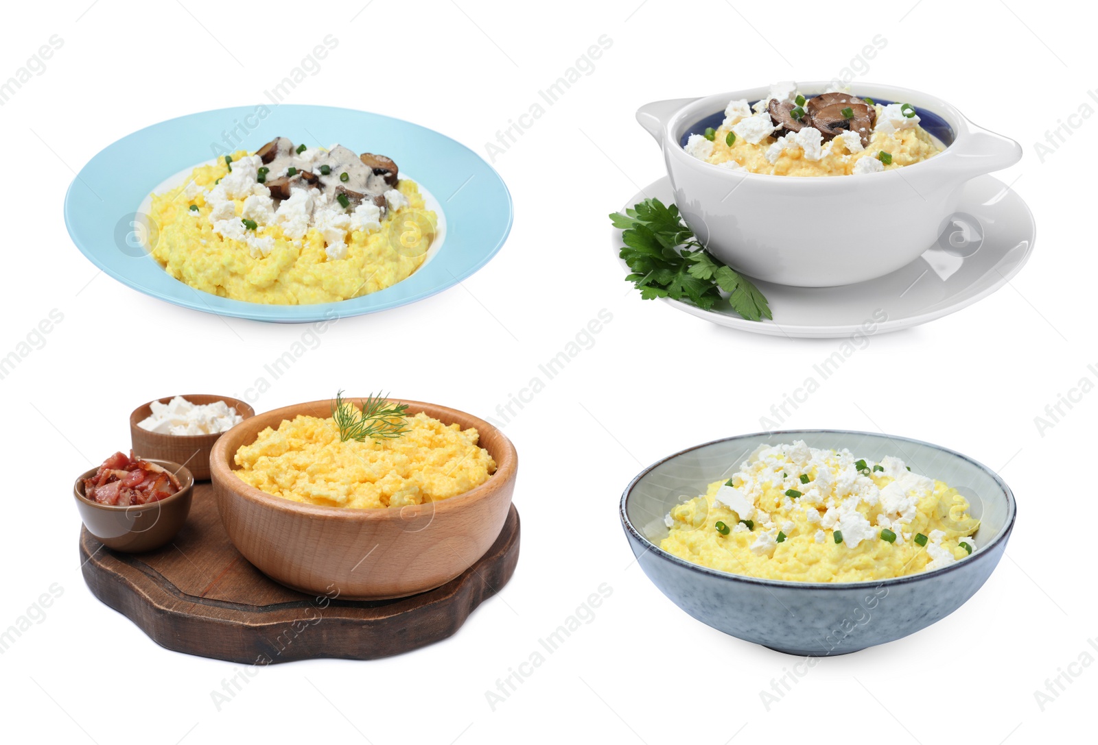 Image of Set with delicious traditional banosh on white background