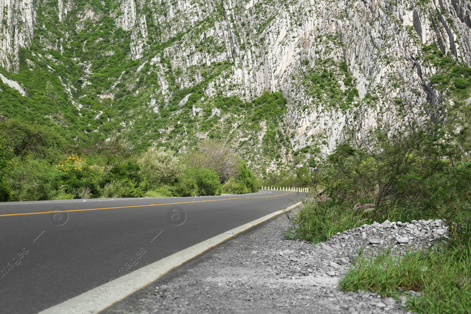 Photo of Picturesque view of big mountains and bushes near road