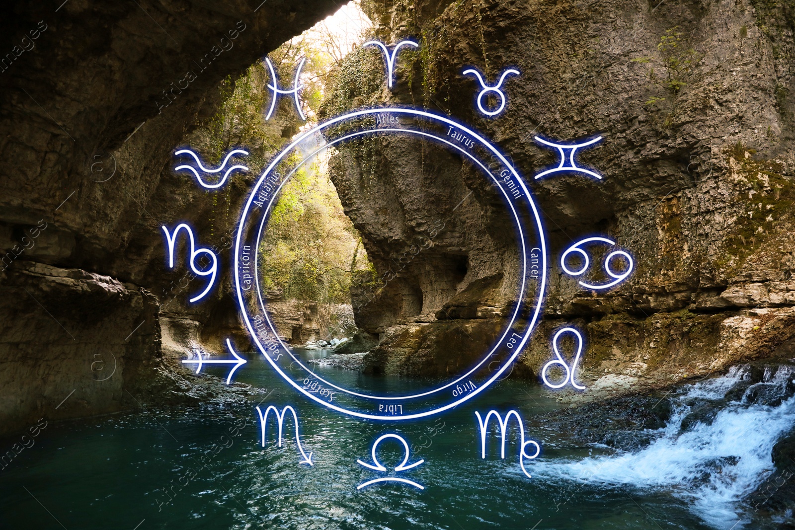 Image of Zodiac wheel and beautiful view on river between cliffs