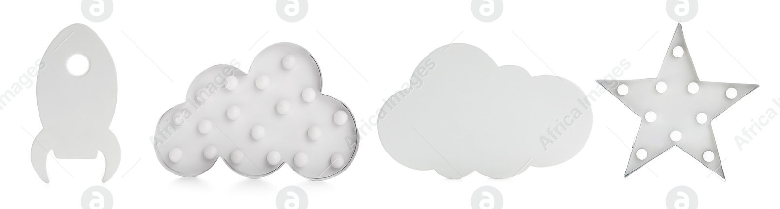 Image of Set with different cute child's night lamps on white background. Banner design