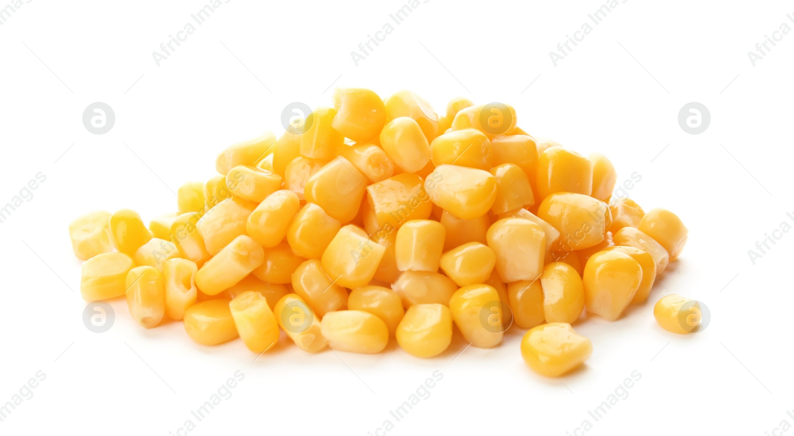 Photo of Tasty ripe corn kernels on white background