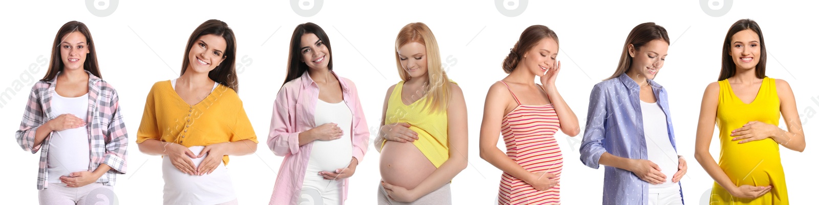 Image of Collage with photos of happy pregnant women on white background. Banner design