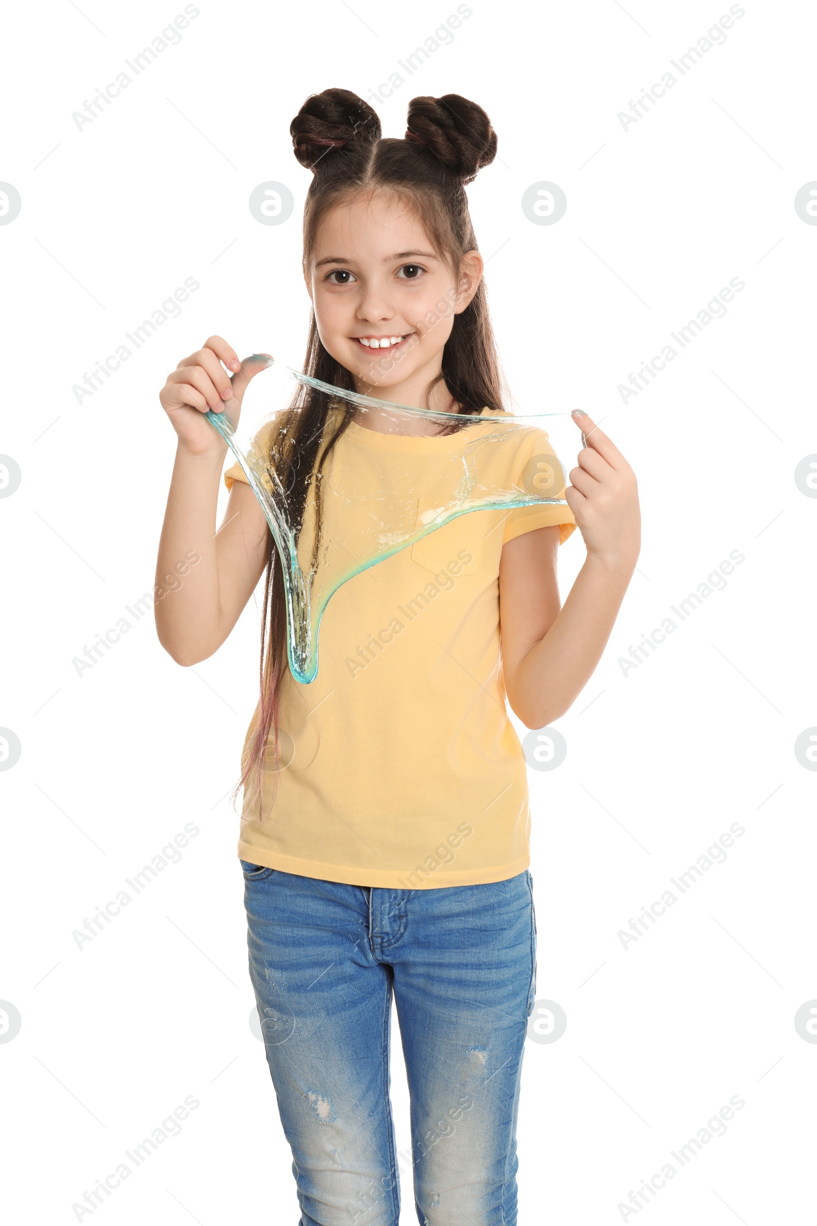 Photo of Little girl with slime on white background