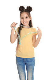 Photo of Little girl with slime on white background