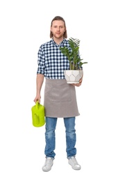 Male florist holding houseplant and watering can on white background