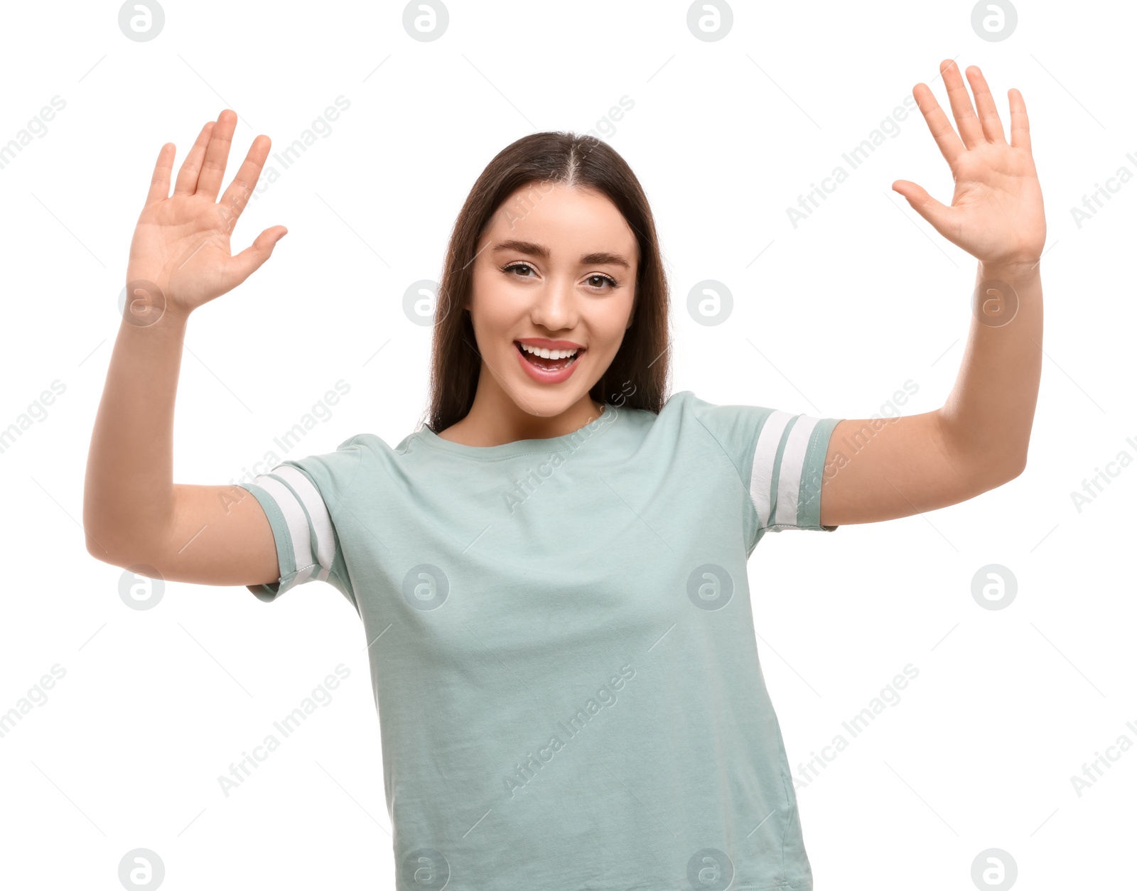 Photo of Happy woman giving high five with both hands on white background