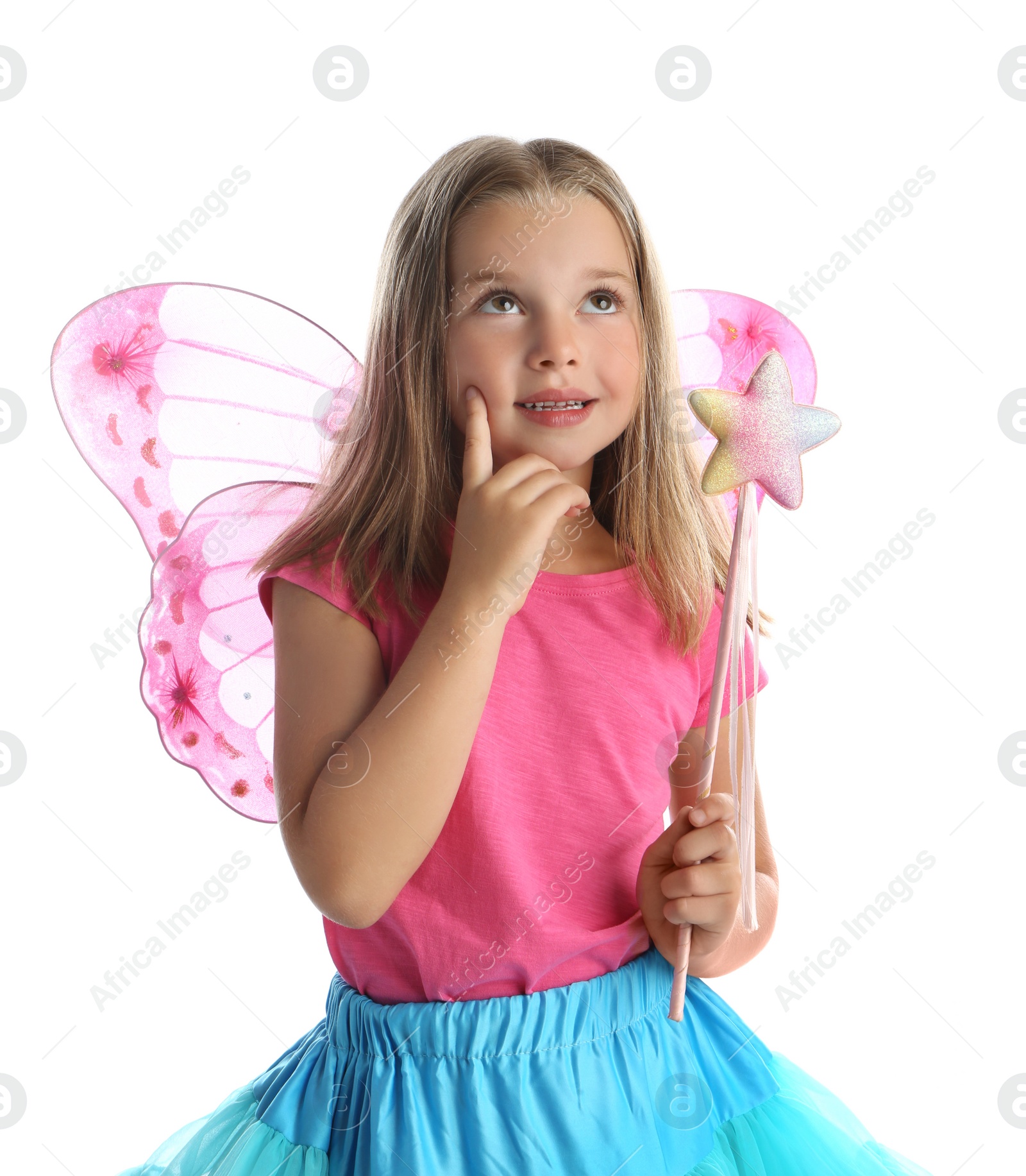 Photo of Cute little girl in fairy costume with pink wings and magic wand on white background