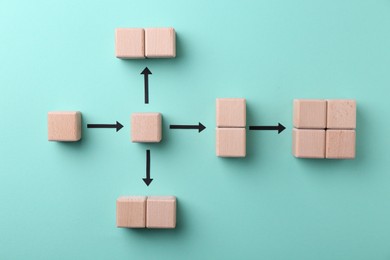 Business process organization and optimization. Scheme with wooden figures and arrows on light blue background, top view