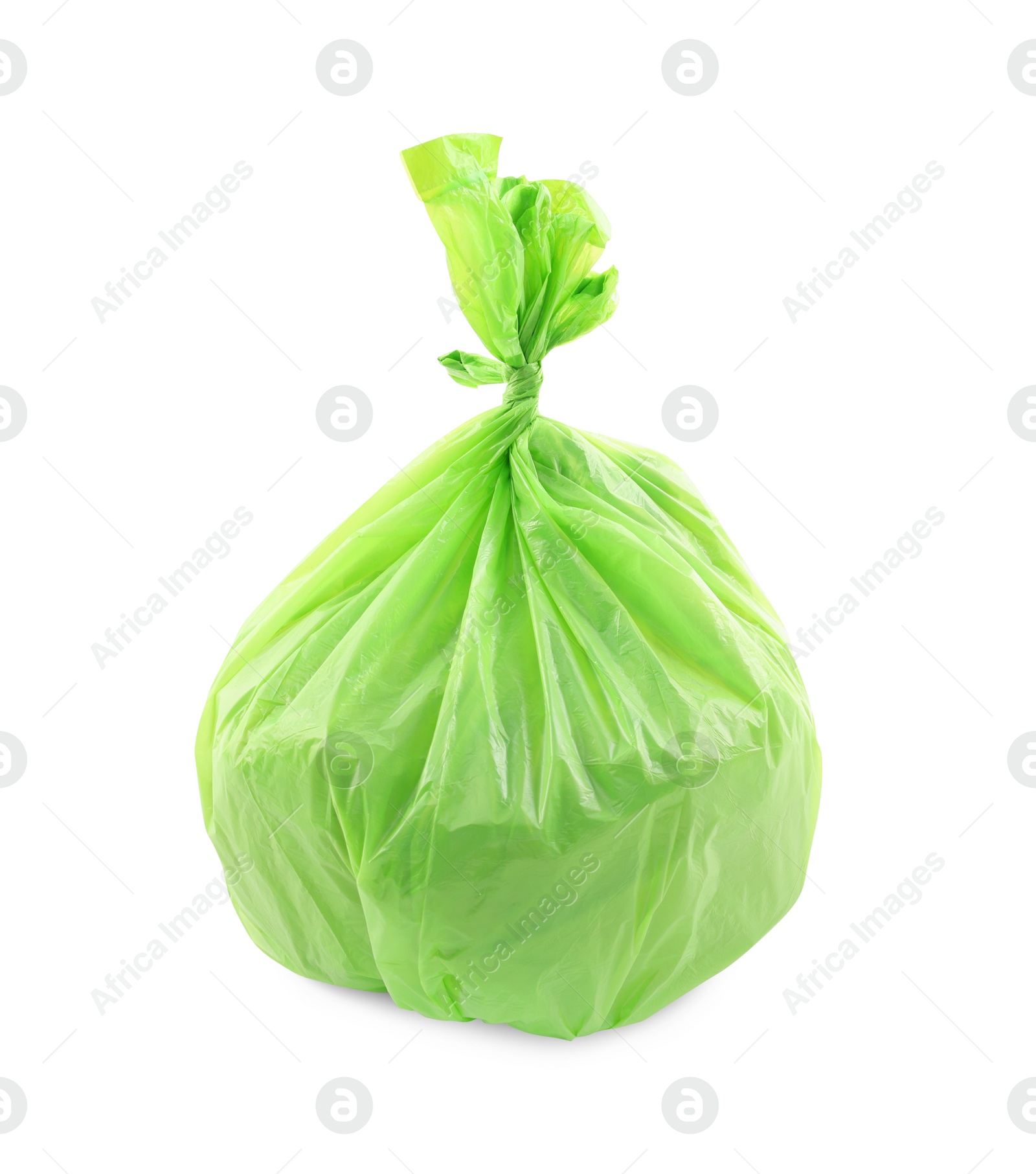 Photo of Green plastic garbage bag isolated on white