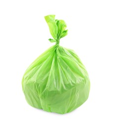 Photo of Green plastic garbage bag isolated on white