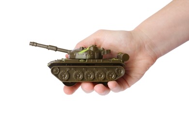 Man with toy tank on white background, closeup