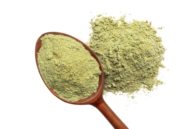 Spoon and hemp protein powder isolated on white, top view