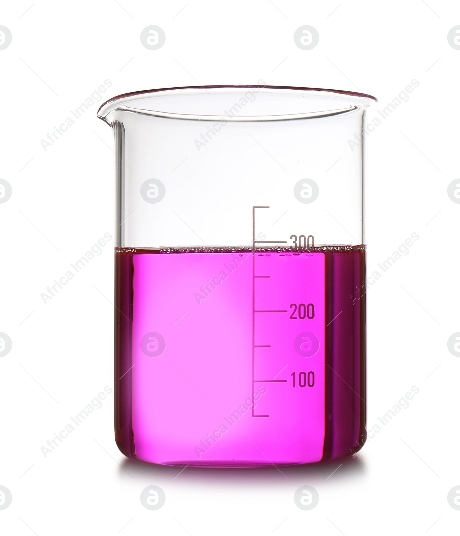 Photo of Beaker with color sample isolated on white. Chemistry laboratory glassware