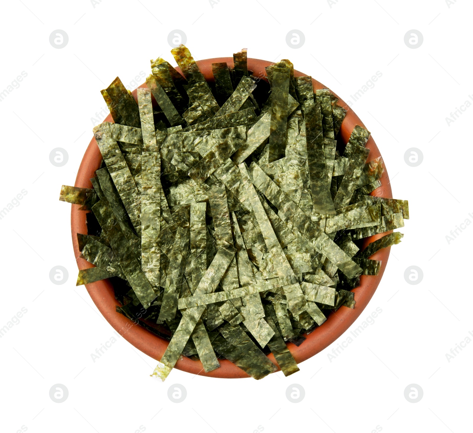 Photo of Bowl with chopped crispy nori sheets isolated on white, top view
