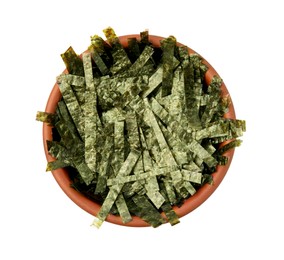 Bowl with chopped crispy nori sheets isolated on white, top view