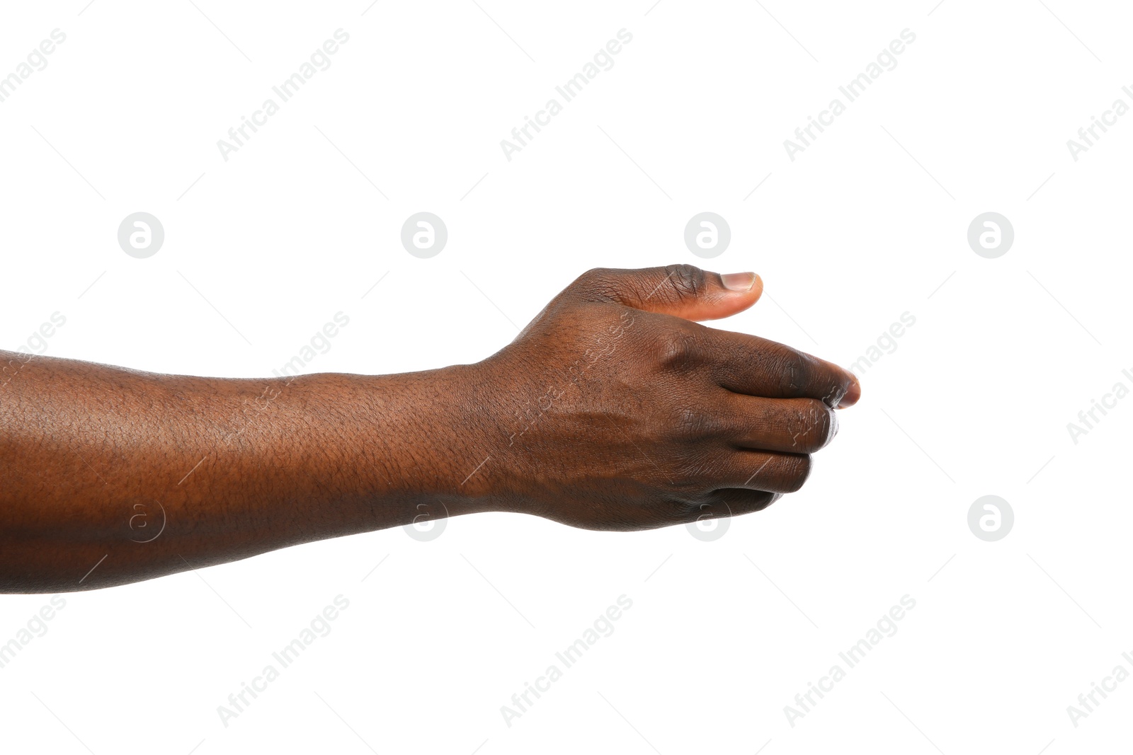 Photo of African-American man extending hand for shake on white background, closeup