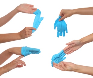 Image of Right way to take off medical gloves. Collage with photos of woman showing process on white background, closeup