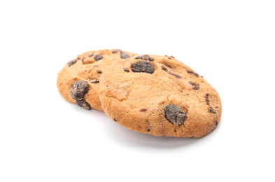 Tasty chocolate chip cookies on white background