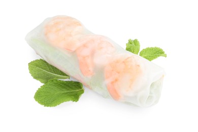 Photo of Tasty spring roll with shrimps and mint isolated on white