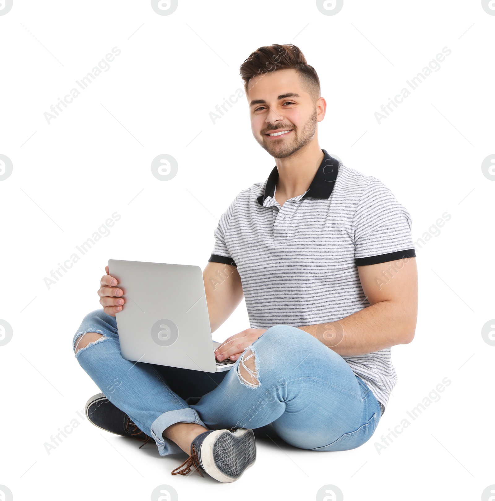 Photo of Happy man with laptop on white background