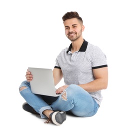 Happy man with laptop on white background